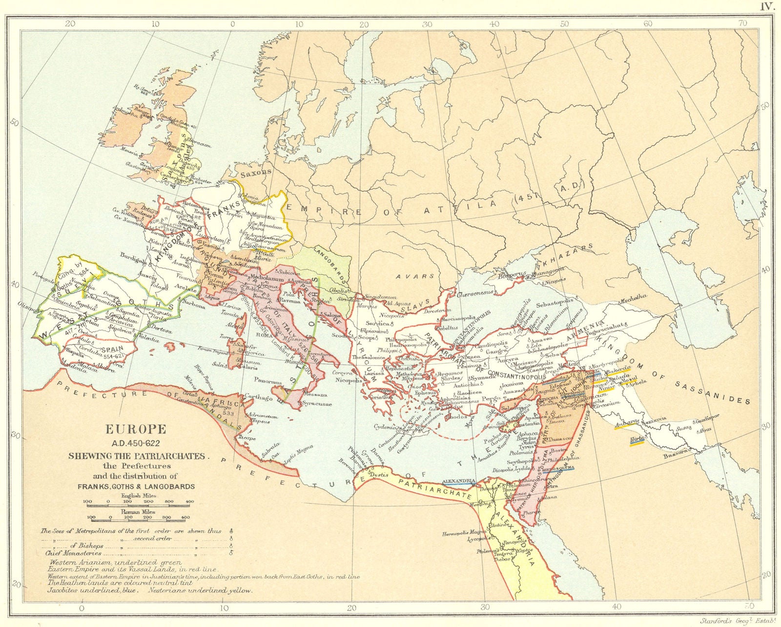 RELIGIOUS EUROPE 450-622AD.Patriarchates Sees.Franks Goths Langobards 1897 map